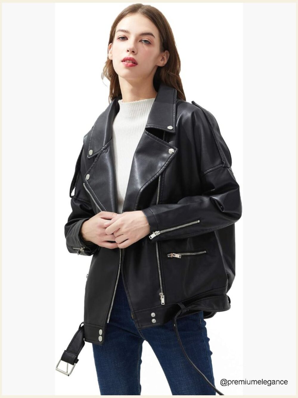 Faux Leather Motorcycle Jacket With Zipper And Belt